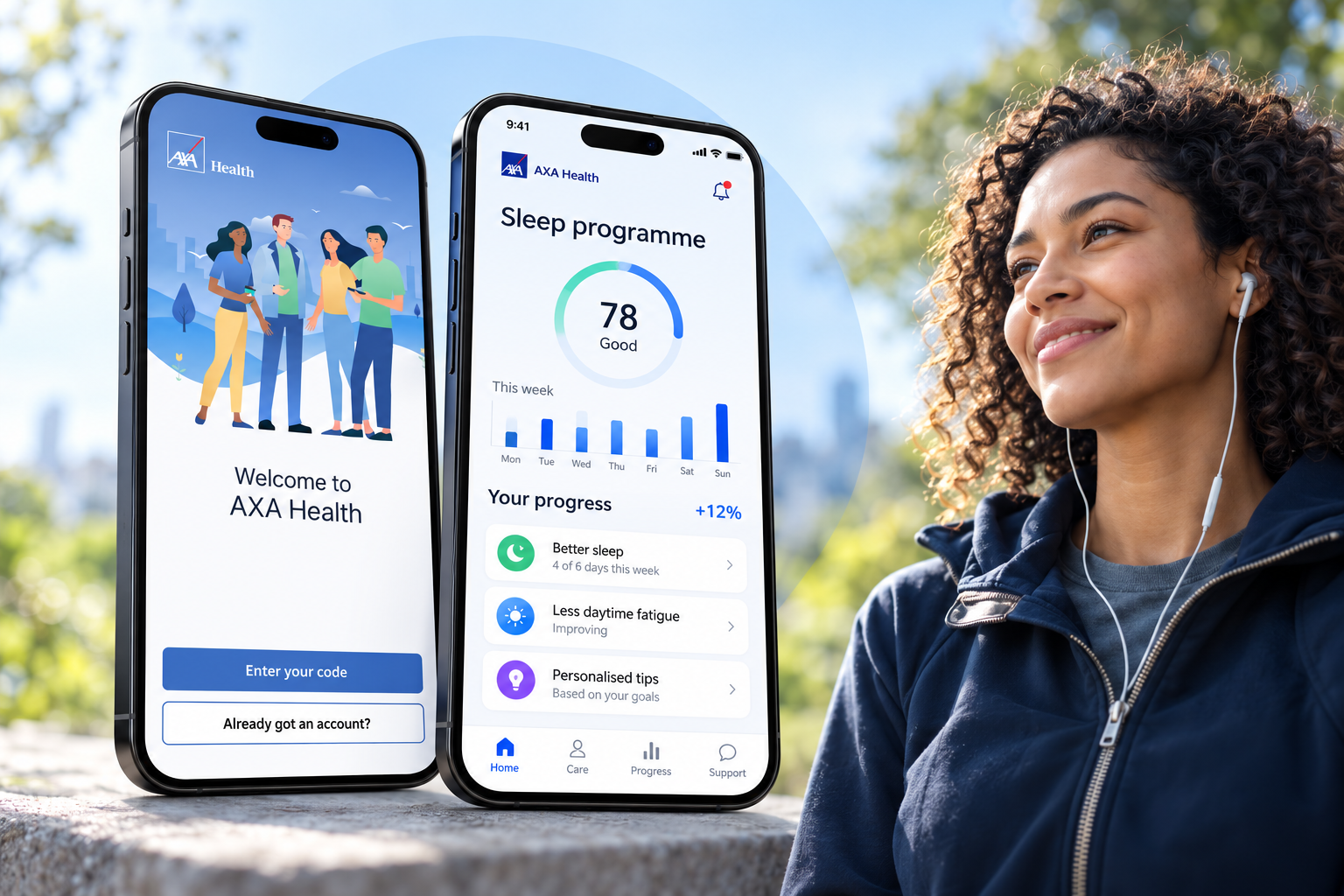 AXA Health welcome screen paired with an illustrative sleep programme dashboard, beside a woman outdoors