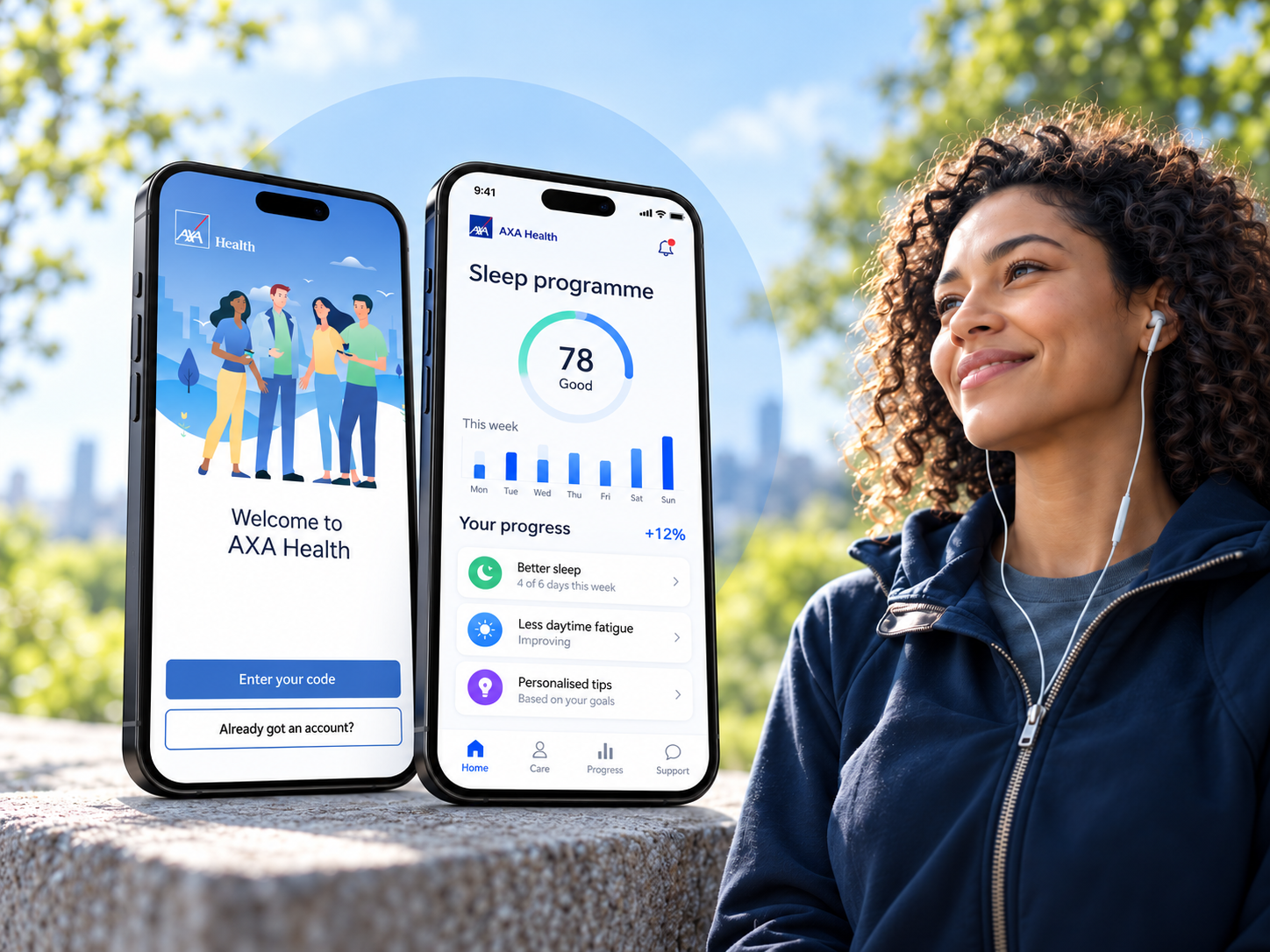AXA Health welcome screen paired with an illustrative sleep programme dashboard, beside a woman outdoors