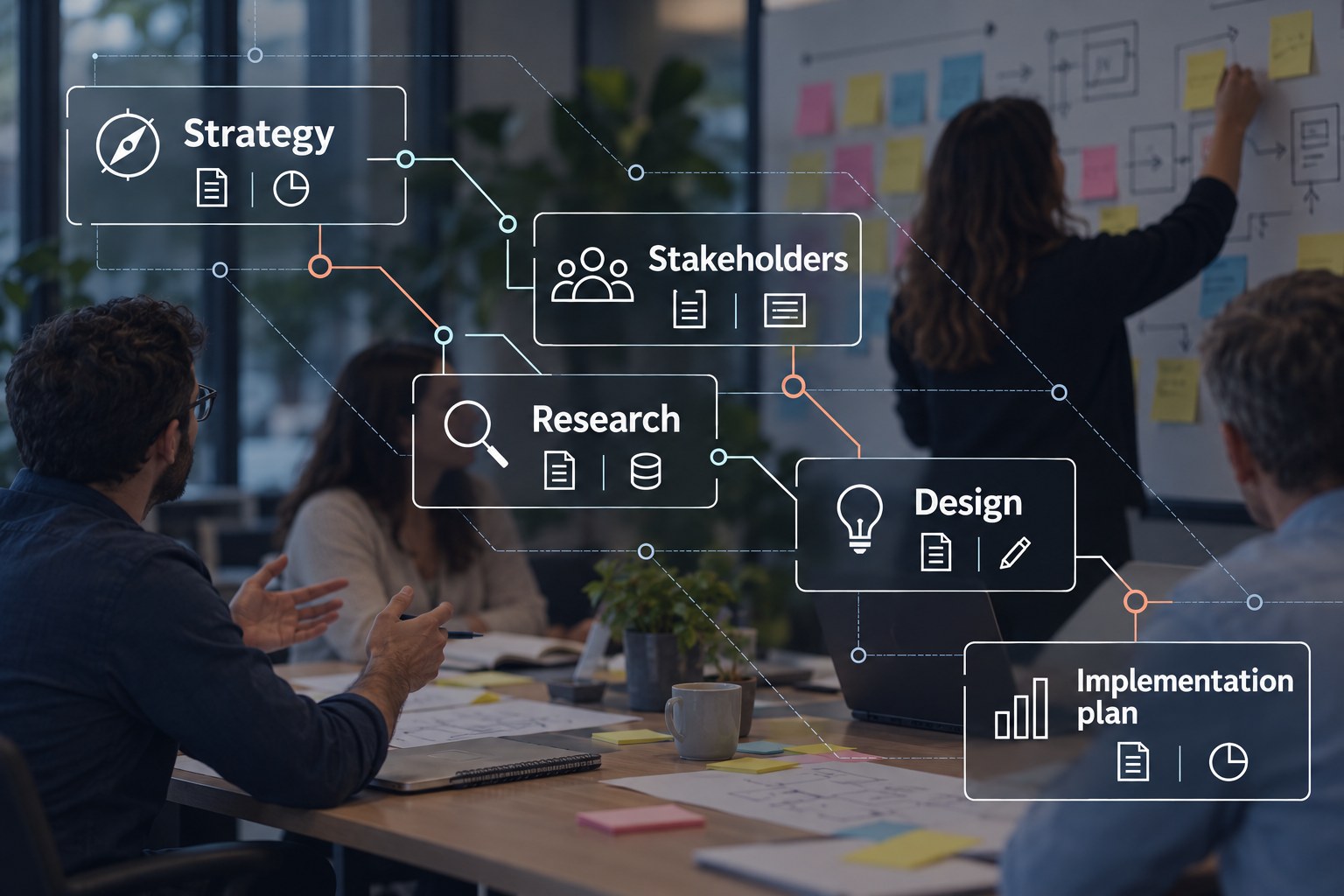 A team works through a service design workshop while an agentic workflow of Strategy, Stakeholders, Research, Design and Implementation plan is overlaid