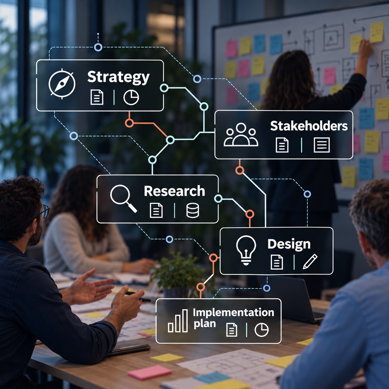 A team works through a service design workshop while an agentic workflow of Strategy, Stakeholders, Research, Design and Implementation plan is overlaid