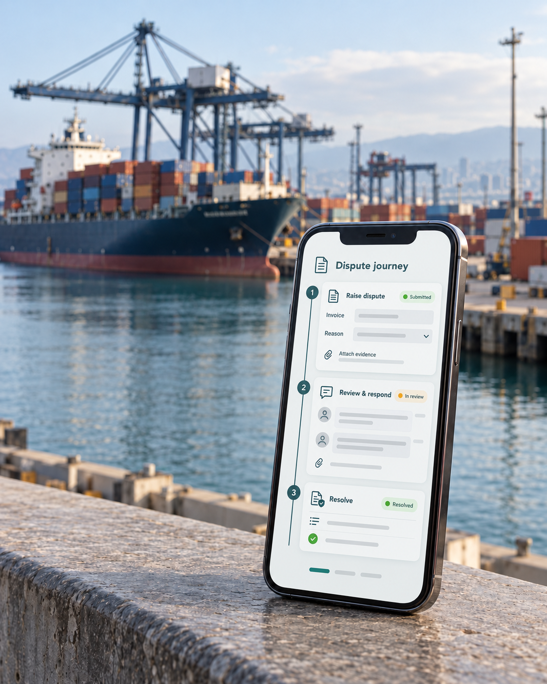 Cargo ship at a coastal container port behind an illustrative phone screen showing Raise dispute, Review and respond, and Resolve stages