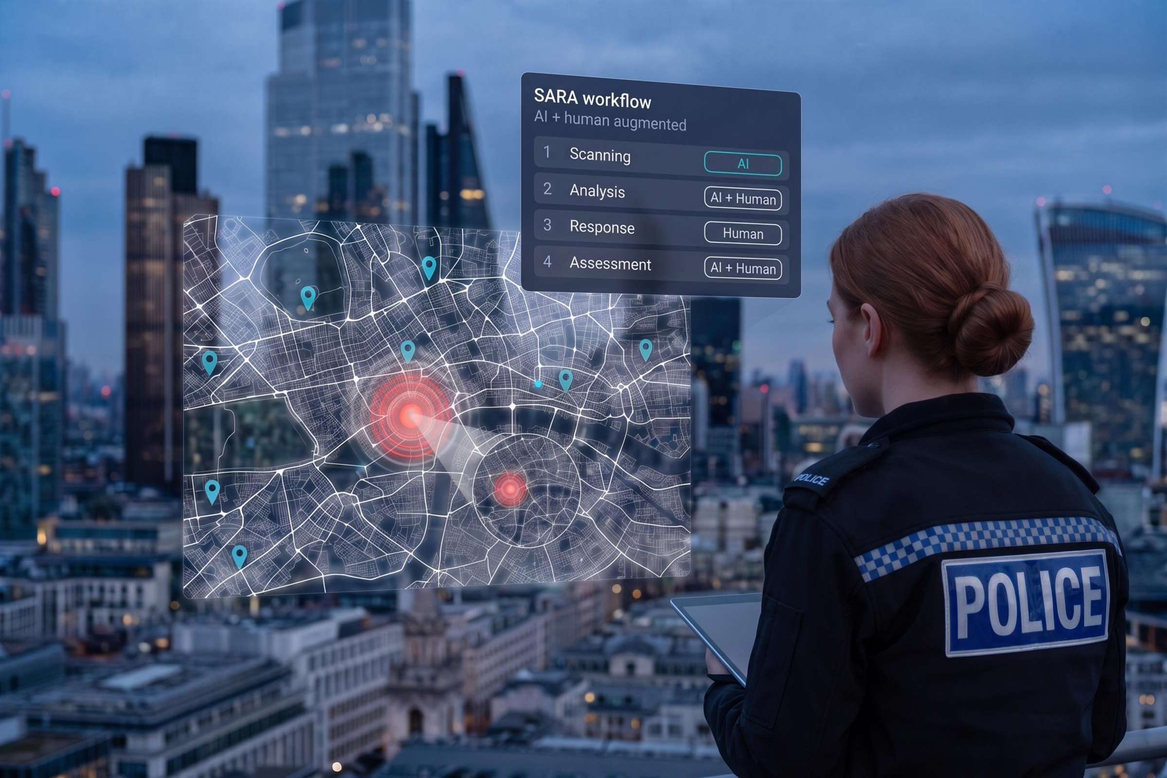 Illustrative scene: a police officer studies a hotspot on a holographic city map beside a SARA workflow panel
