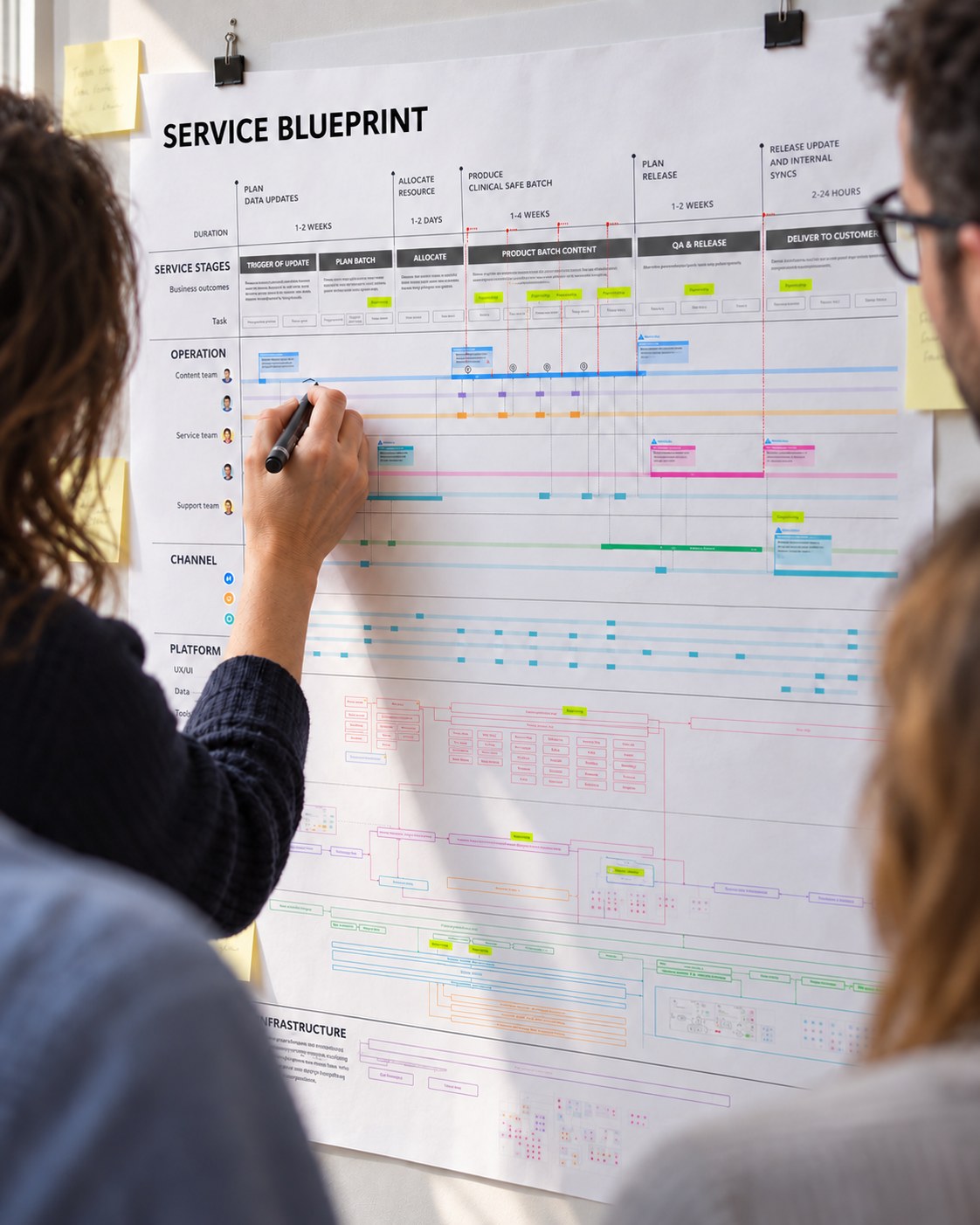 Two colleagues review a wall-mounted service blueprint while one annotates it with a pen